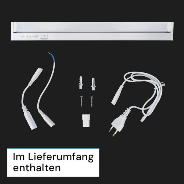 LED-Unterbauleuchte mit Netzkabel, Verbindungskabeln und Montageset. Im Lieferumfang enthalten.
