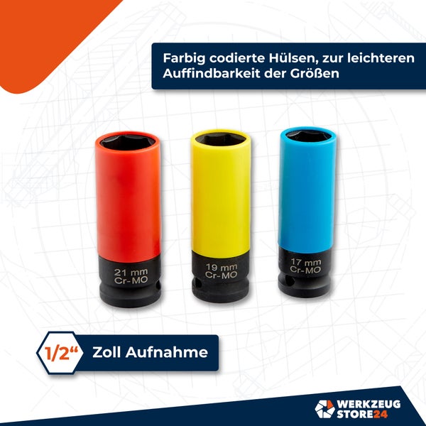 Drei farbcodierte Nüsse aus Chrom-Molybdän-Stahl mit 1/2-Zoll-Aufnahme, Größen 17 mm, 19 mm und 21 mm