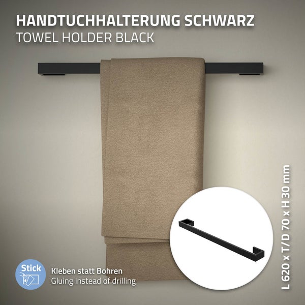 ML-Design Handtuchhalter ohne Bohren 62 cm, Schwarz, aus Stahl, Wandmontage, Badetuchhalter Wand zum kleben für Badezimmer & Küche, Modern, Handtuchstange Wandhalter selbstklebend für Handtücher