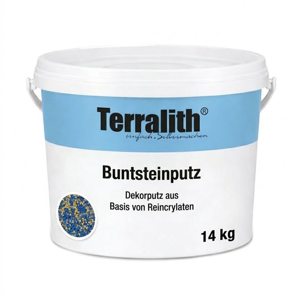 Terralith Buntsteinputz im 14 Kilogramm Eimer, Dekorputz auf Reincrylatbasis.