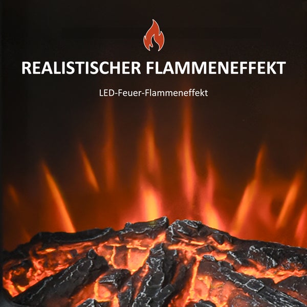 HOMCOM Elektrokamin mit Flammeneffekt, 1000 W/2000 W, 20–25 qm, 44,5x32,1x74 cm, Metall, gehärtetes Glas, Schwarz