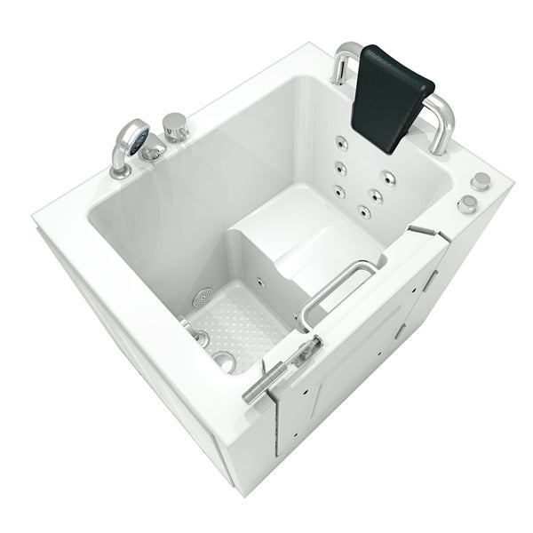 Begehbare Badewanne mit Sitz, Duschkopf, Armaturen und Kopfstütze