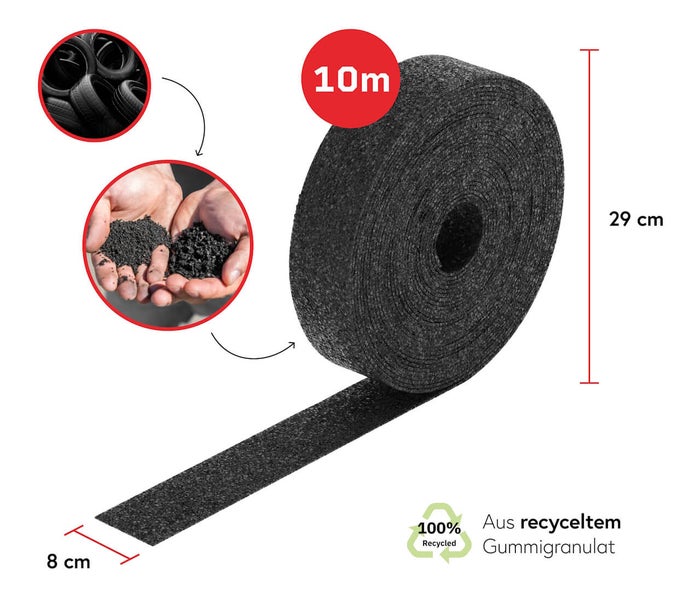 Gummigranulatband Rolle mit zehn Meter Länge, acht Zentimeter Breite und 29 Zentimeter Durchmesser. Hergestellt aus recyceltem Material.