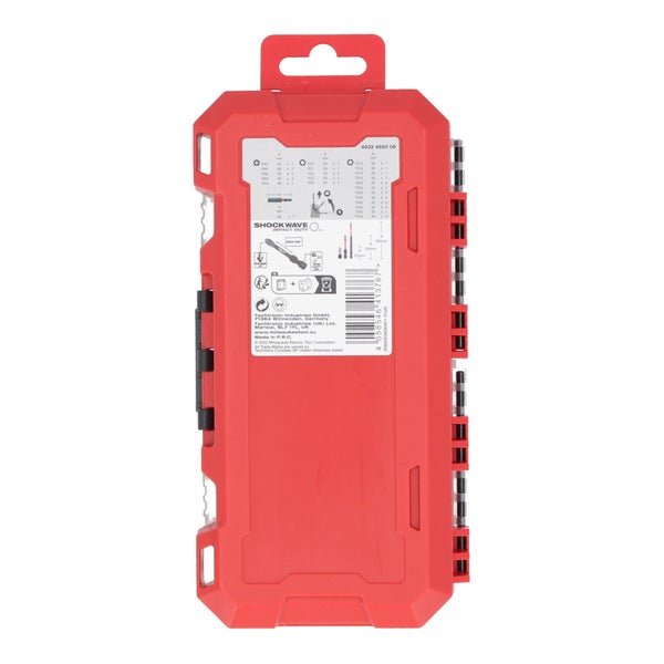 Rückseite einer roten Kunststoffbox für ein Milwaukee Shockwave Impact Duty Bit-Set mit Produktinformationen und Barcode.