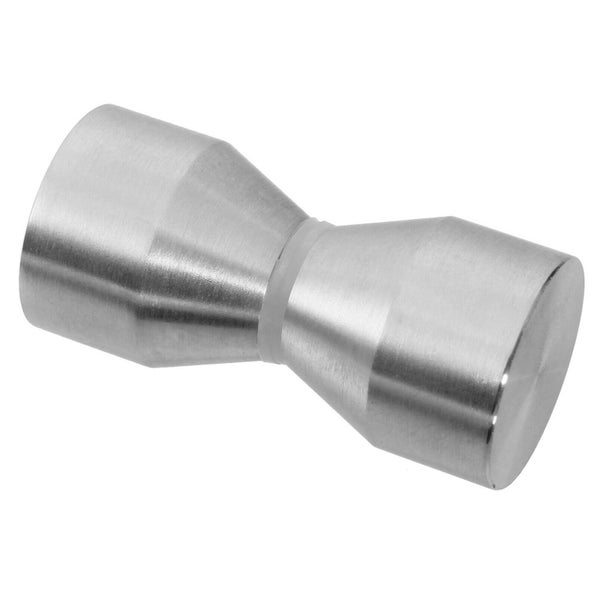 Ein einzelner, sanduhrförmiger Möbelknopf aus gebürstetem Metall für Schränke und Schubladen.