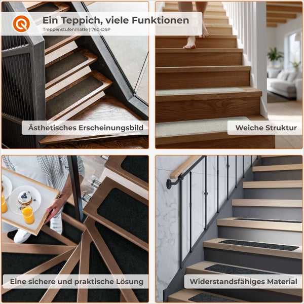 Treppenstufenmatten auf verschiedenen Treppenarten zur Verbesserung der Sicherheit und Optik in Wohnbereichen.