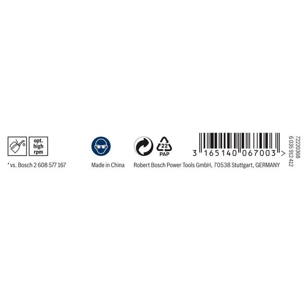 Symbol für optimale hohe Drehzahl, Schutzbrille tragen, Hergestellt in China, Papierverpackung und Barcode