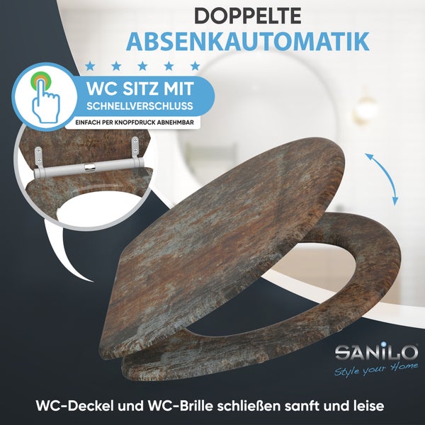 Sanilo Toilettensitz mit Deckel in Rost-Optik, verfügt über eine doppelte Absenkautomatik und einen Schnellverschluss per Knopfdruck.