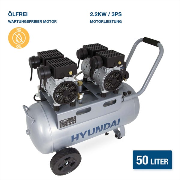 Hyundai Luftkompressor ölfrei, 50 Liter Tankvolumen, 2,2 Kilowatt Motorleistung, wartungsfreier Motor mit zwei Motoreinheiten.