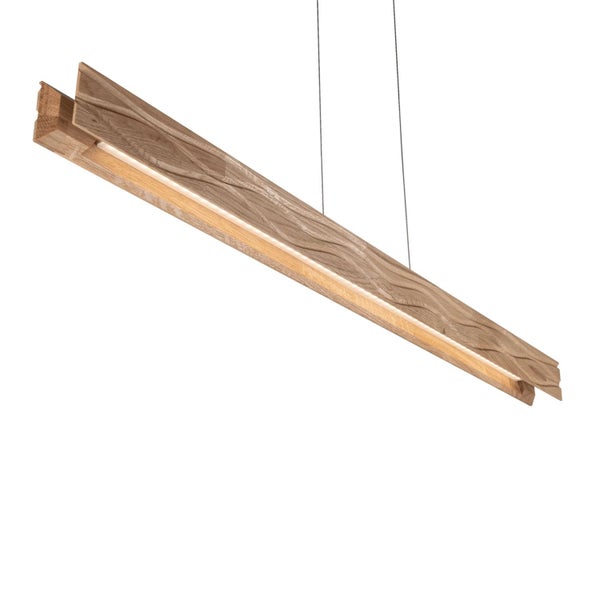 Moderne Pendelleuchte aus Eichenholz mit integrierter LED Beleuchtung für eine natürliche Wohnraumgestaltung.