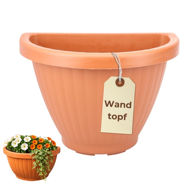 Wandtopf aus Kunststoff mit Etikett und bepflanzter Topf