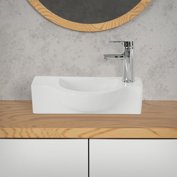 ML-Design Waschbecken aus Keramik in Weiß, 44,5x25,5x12 cm, Oval, klein, Hahnloch rechts, Wandmontage oder Aufsatzwaschbecken, Moderne Waschtisch Waschschale Waschplatz Handwaschbecken, für Badezimmer