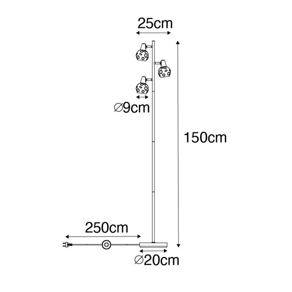 Maße einer Stehlampe mit drei Strahlern, Höhe 150 cm