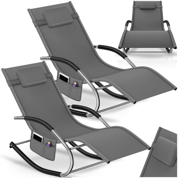 Zwei graue Garten-Schaukelliegen mit ergonomischer Form, Kopfkissen, Metallgestell und praktischer Seitentasche.