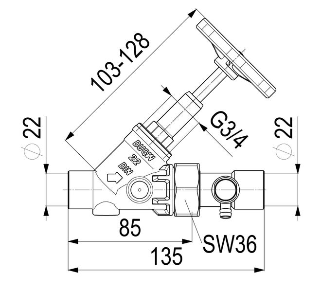Maßzeichnung eines Schrägsitzventils mit Maßen: Länge 135 Millimeter, Durchmesser 22 Millimeter, Handradhöhe 103 bis 128 Millimeter.