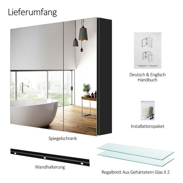 Lieferumfang des Spiegelschranks mit zwei Spiegeltüren, zwei Glasböden, Wandhalterung, Montageset sowie Handbuch in Deutsch und Englisch.