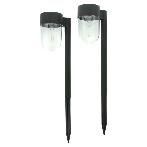 Zwei Solar-Gartenleuchten mit Erdspieß, Filament-LED und schwarzem Gehäuse.
