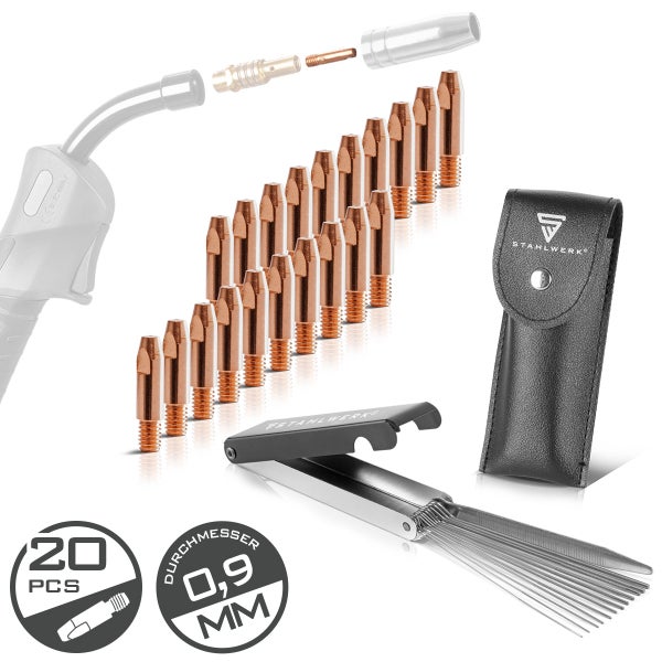 Schweissbrenner Verschleissteil Set mit 20 Düsen, Düsenreiniger, Durchmesser 0,9 mm und Tasche