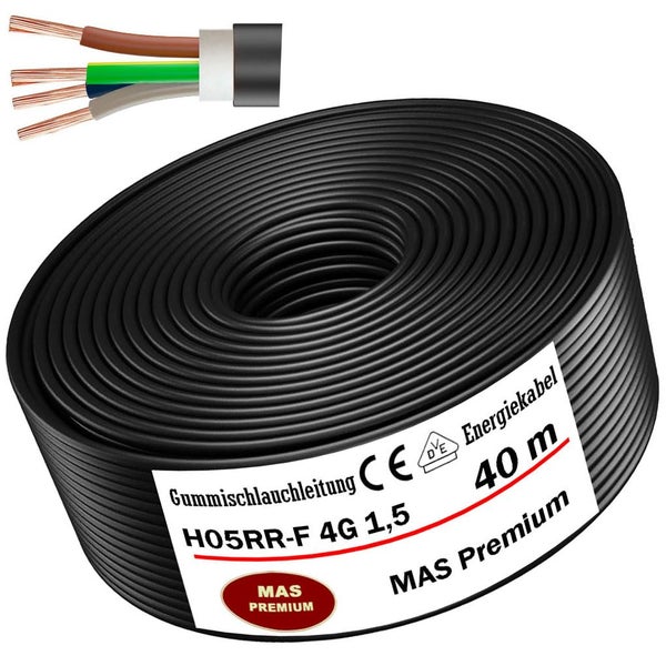 Gummischlauchleitung H05RR-F 4G 1,5 Quadratmillimeter, 40 Meter Rolle, MAS Premium, CE-Kennzeichnung und VDE-Prüfzeichen.