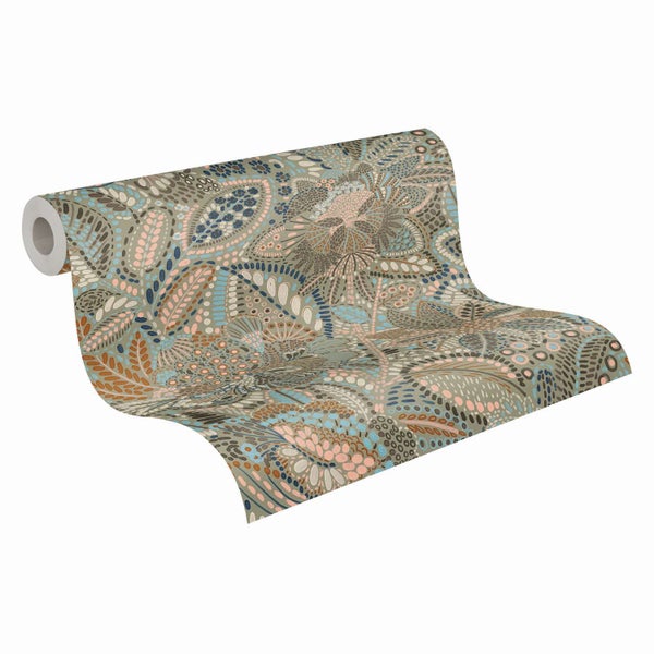 Tapetenrolle mit abstraktem Blumenmuster und organischen Formen für eine dekorative Wandgestaltung.