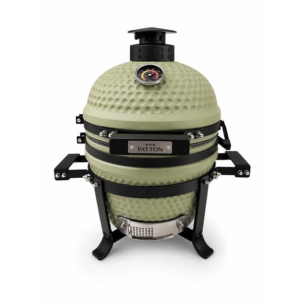 Grüner Patton Kamado-Grill aus Keramik mit integriertem Thermometer und schwarzem Untergestell.
