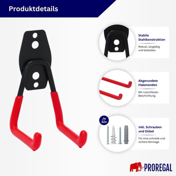 Wandhaken von Proregal aus Stahl mit rutschfester Beschichtung und Montageset inklusive Schrauben und Duebeln.