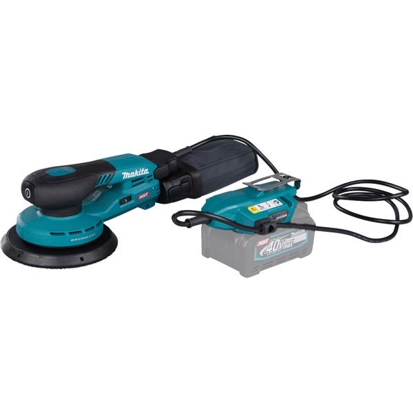 Makita Akku-Exzenterschleifer 40 Volt mit Staubfangsack und externem Akku-Adapter.