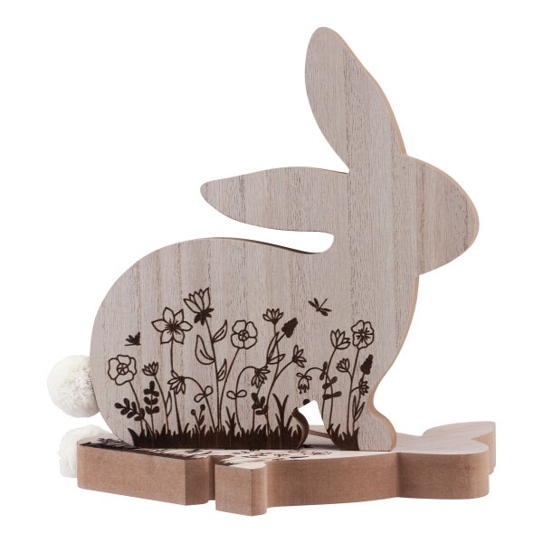 Dekorativer Osterhase aus Holz mit Blumenmuster und Bommel-Schwanz