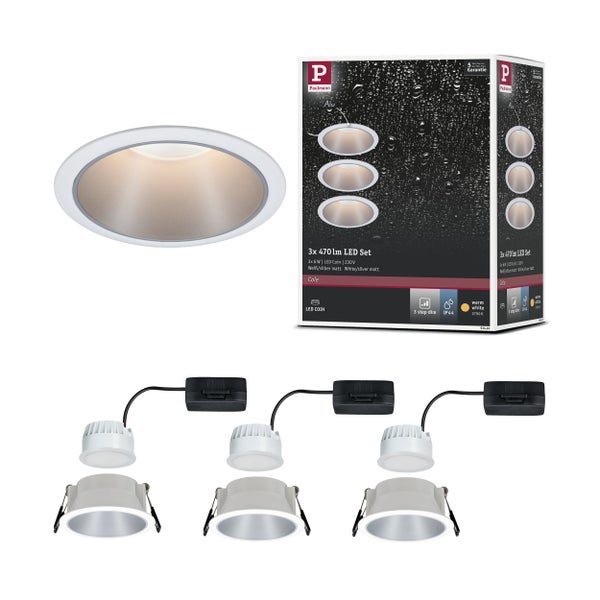 Paulmann LED Einbauleuchten Set Cole, 3 x 6 Watt, 470 Lumen, warmweiß 2700 Kelvin, IP44 Spritzwasserschutz, dimmbar in drei Stufen.