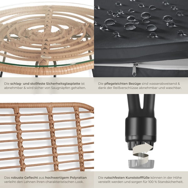 Details von Gartenmöbeln: Sicherheitsglasplatte mit Saugnäpfen, wasserabweisender Bezug, Polyrattan-Geflecht und höhenverstellbare Füße.