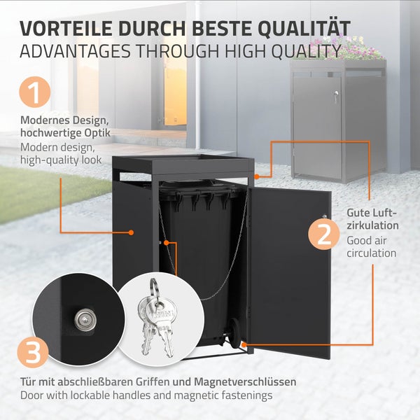Moderne Mülltonnenbox aus Metall mit Pflanzdach, abschließbarer Tür mit Magnetverschluss und guter Luftzirkulation für eine Mülltonne.