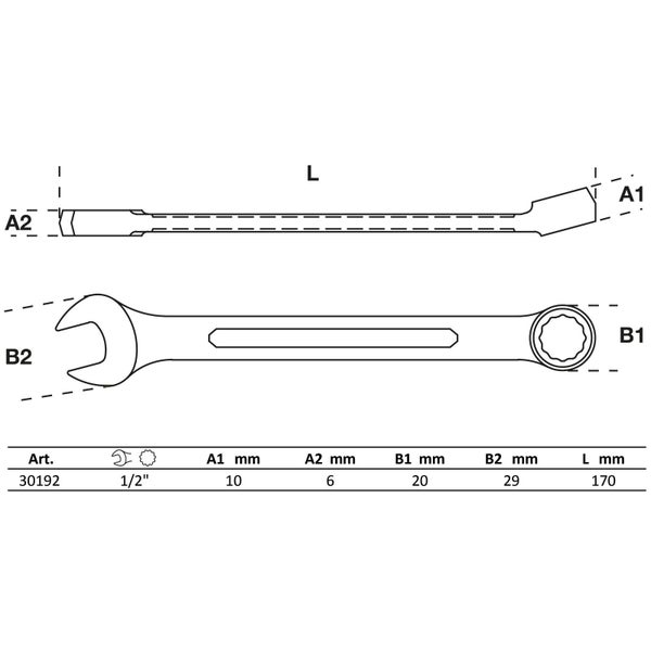 Technische Zeichnung eines Doppelmaulschlüssels mit den Maßen 10 mm, 6 mm, 20 mm, 29 mm und 170 mm.