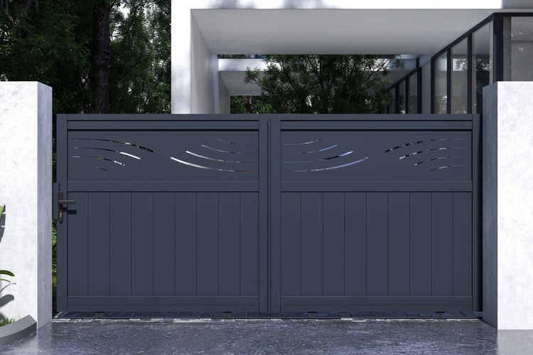 Gartenhaus aus Holz mit runder Fensteröffnung und Tür