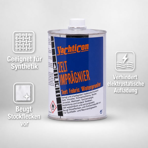 Yachticon Zelt Imprägnierer zur wasserabweisenden Behandlung von Textilien für Zelte, Markisen und Verdecke in einer Metalldose.