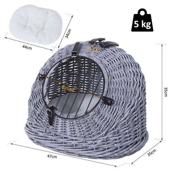 PawHut Transportkorb Transportbox für Katzen Hunde, Korbhöhle mit Gitter,Katzenhaus aus Weide, Katzenkorb, Weidekorb, Grau, 47 x 35 x 35 cm