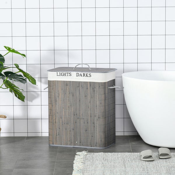 HOMCOM Bambus Wäschekorb schmal mit Deckel 100L Wäschesammler mit Griffen, 2 herausnehmbarer Wäschesack, Laundry Baskets Wäschebox für Waschküche, Schlafzimmer, Badezimmer Grau