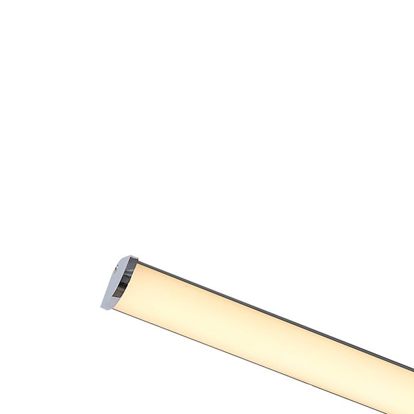 Nahaufnahme einer schlanken LED-Spiegelleuchte mit warmweißem Licht und einer silberfarbenen Metall-Endkappe.