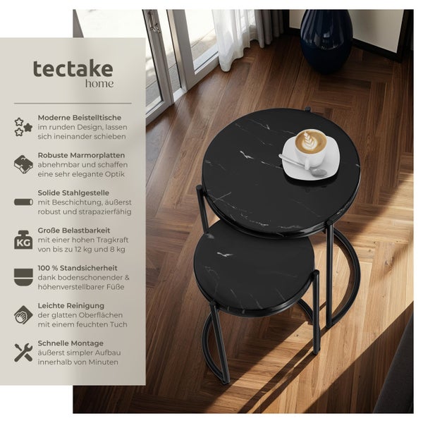 Beistelltisch tectake Ellsa ineinander schiebbar hochwertige Marmorplatten schwarz/schwarz