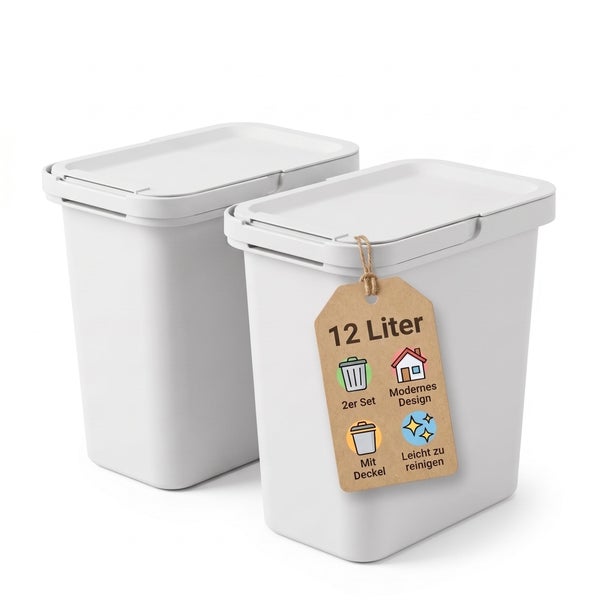 Zwei Kunststoff Mülleimer mit Deckel, 12 Liter Fassungsvermögen, modernes Design, Set aus zwei Abfallbehältern, pflegeleicht.