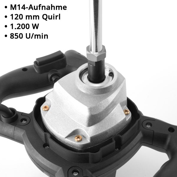 Detailansicht eines Rührwerkzeugs mit M14 Aufnahme, 120 mm Quirl, 1200 Watt Leistung und 850 Umdrehungen pro Minute