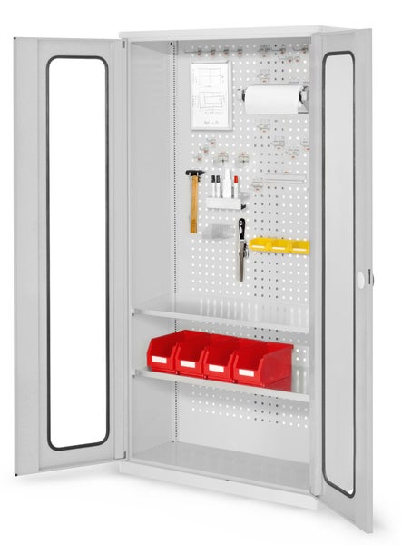 Offener Werkzeugschrank mit Werkzeugen und Aufbewahrungsboxen