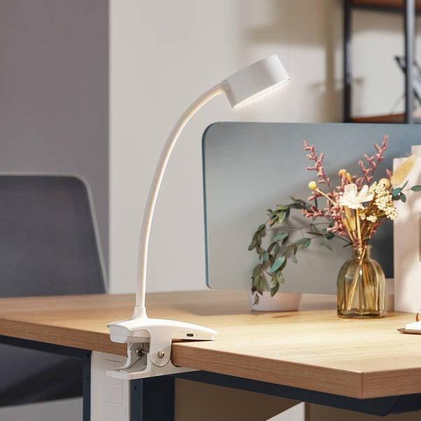 Klemmleuchte mit flexiblem Arm an einem Schreibtisch aus Holz. Hell eingerichteter Arbeitsplatz mit Vase und Sichtschutz.