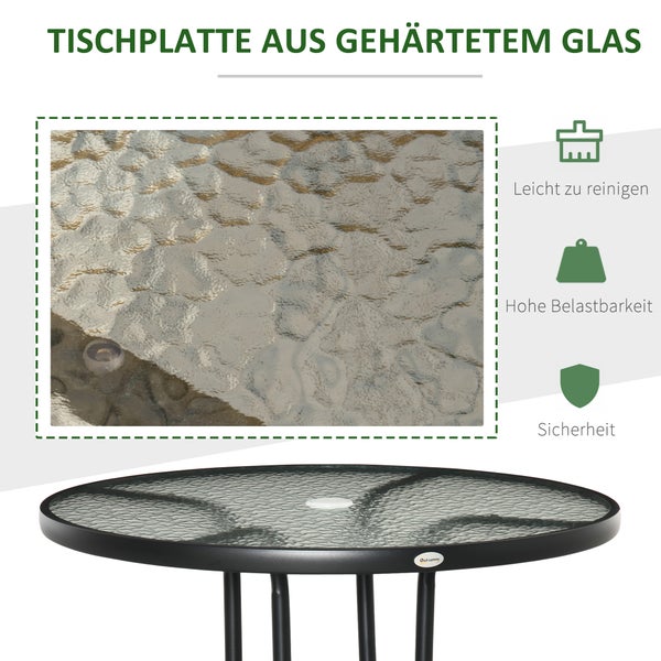 Outsunny Gartentisch, Beistelltisch mit Schirmloch,  Ø80 x 72 cm, Hartglas + Metall, Schwarz