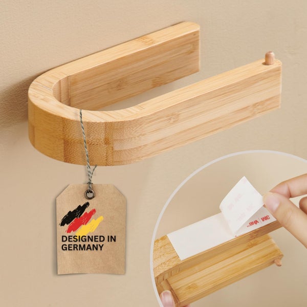 Toilettenpapierhalter aus Bambus mit Klebestreifen zur bohrfreien Montage, Entworfen in Deutschland.