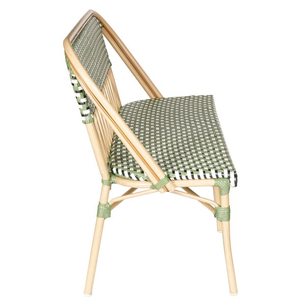 Bistro-Stuhl mit Gestell in Bambus-Optik und grün-weiß-schwarz geflochtener Sitzfläche und Rückenlehne.