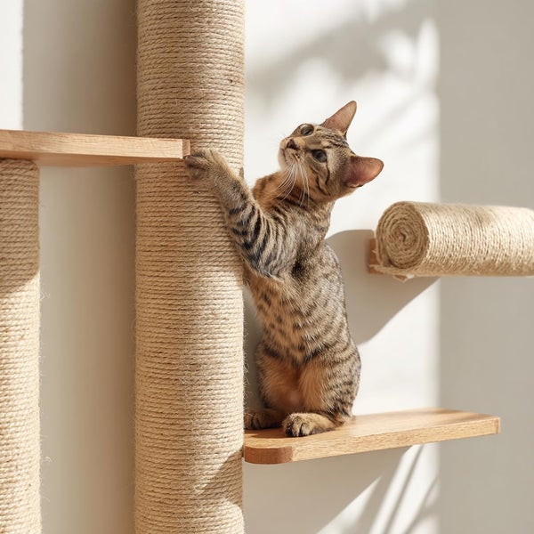 Wandmontierte Katzenkletterwand mit Kratzstämmen aus Sisal und Regalen aus Holz, auf denen eine getigerte Katze sitzt.