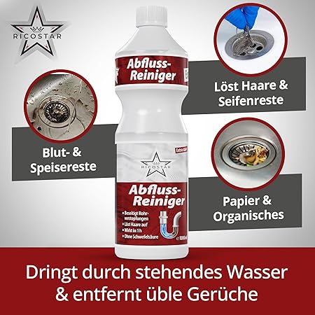 Ricostar Abflussreiniger 1000ml – Extra starker Rohrreiniger gegen Verstopfungen, Haare & Gerüche – Flüssiger Abflussreiniger für Küche, Bad & Dusche – Materialschonend & Made in Germany