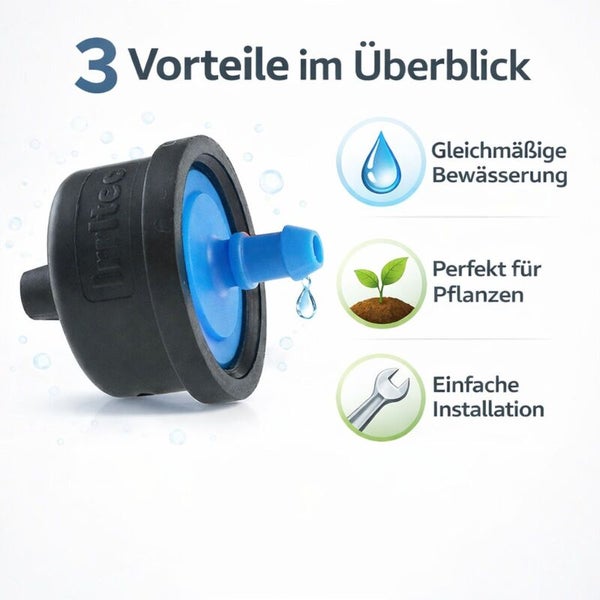 Infografik mit einem Irritec Tropfer und drei Vorteilen: gleichmäßige Bewässerung, ideal für Pflanzen und einfache Installation.