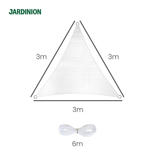 Dreieckiges weißes Sonnensegel, 3 mal 3 mal 3 Meter, inklusive weißem 6 Meter langem Seil. Jardinion Logo.