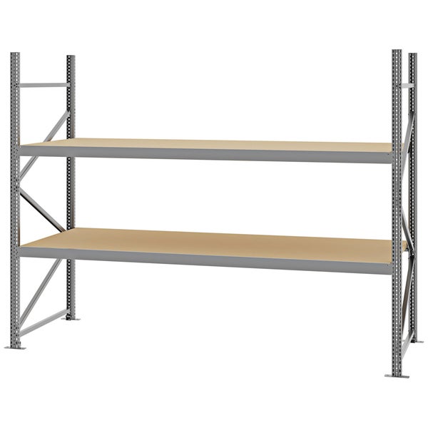 Weitspannregal aus Metall mit zwei Holzböden und stabiler Rahmenkonstruktion.